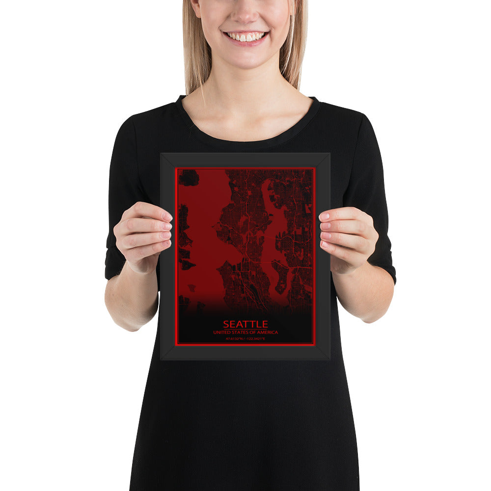 Seattle Black and Red Framed Map