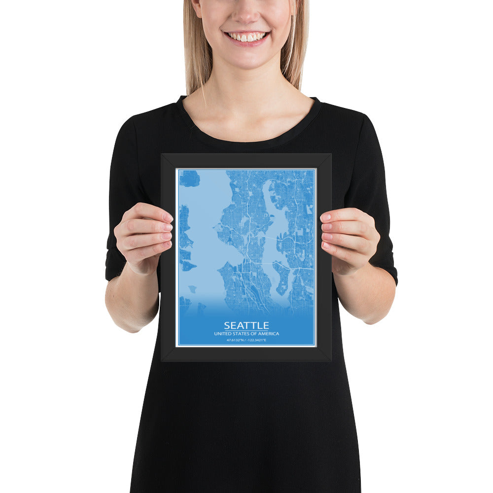 Seattle Blue and White Framed Map