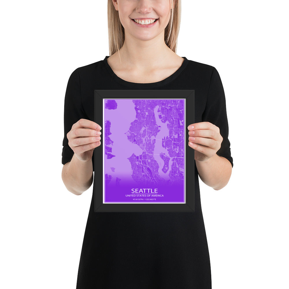 Seattle Purple and White Framed Map