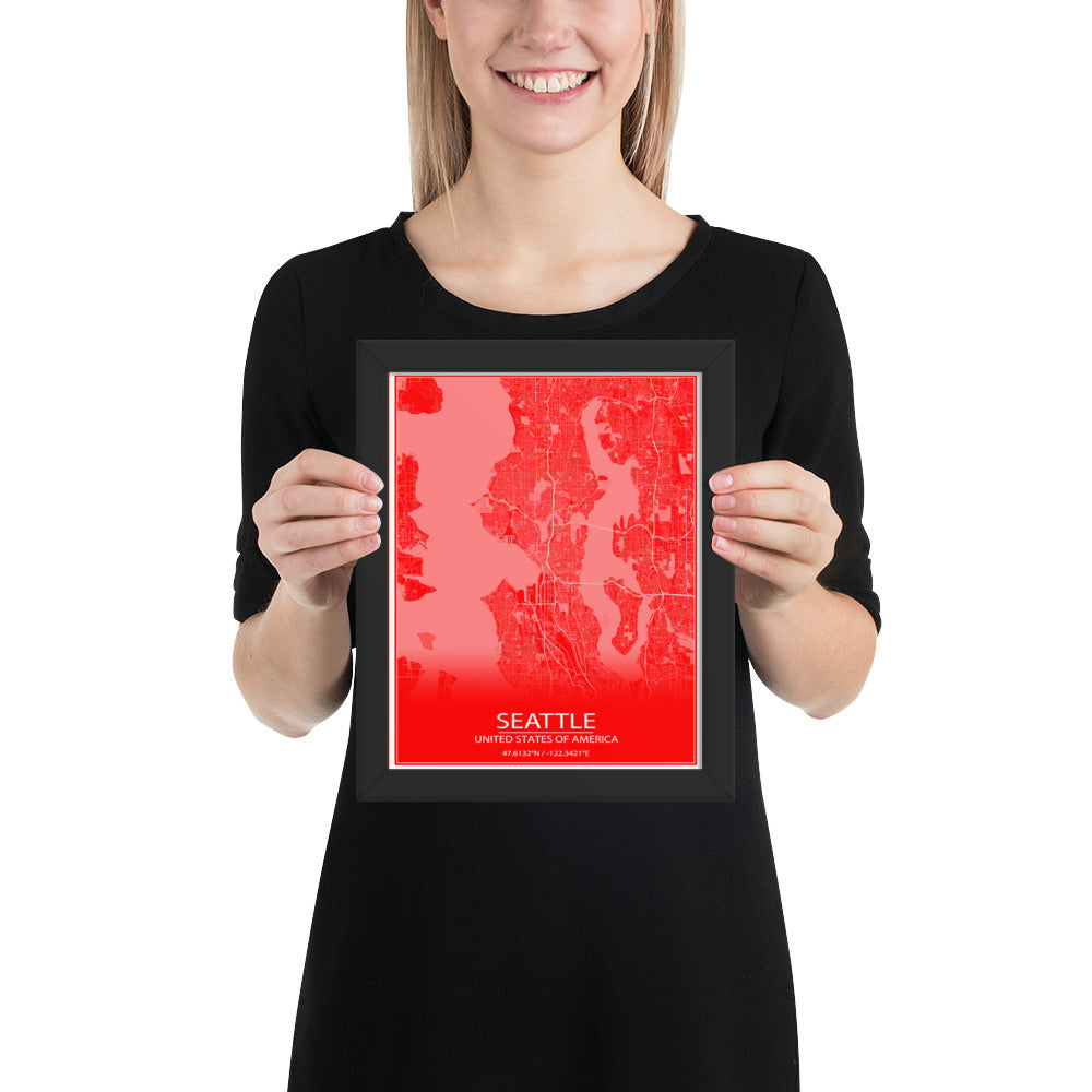 Seattle Red and White Framed Map