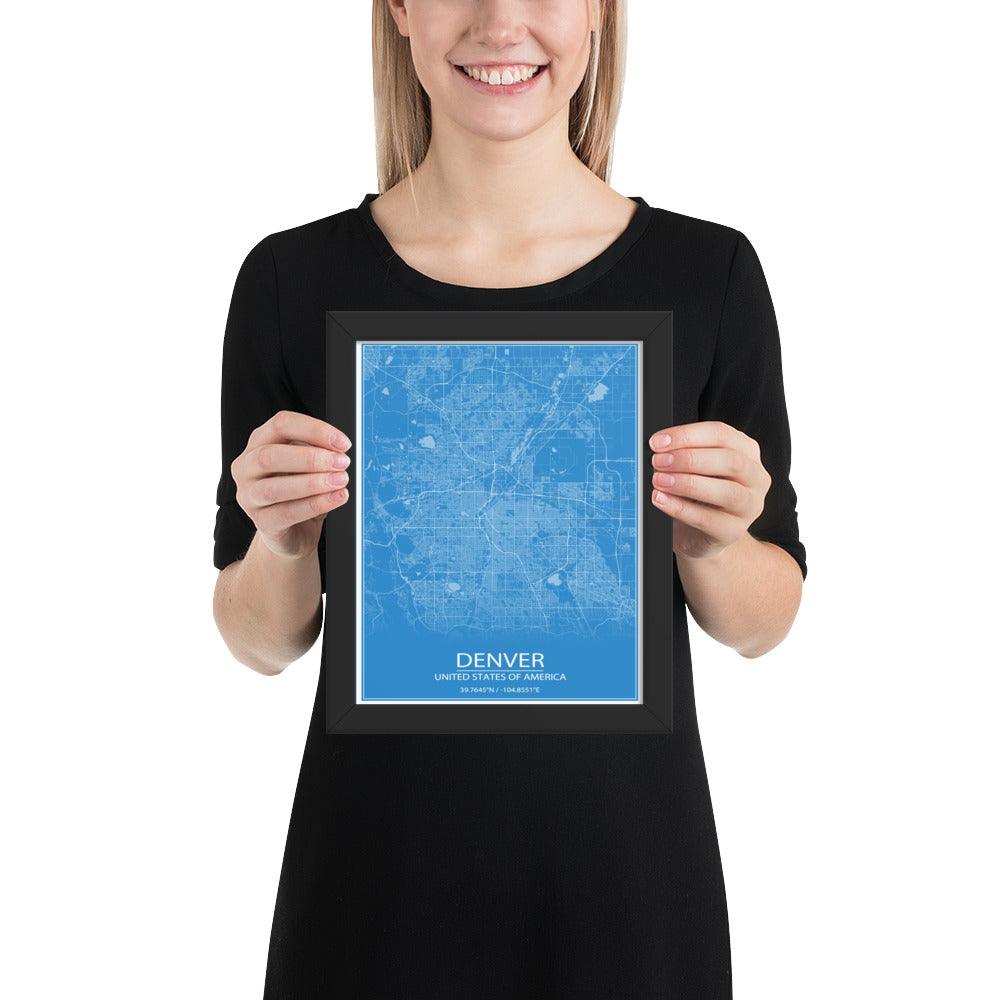 Denver Blue and White Framed Map