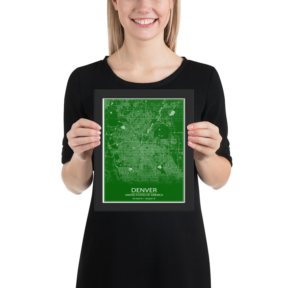 Denver Green and White Framed Map