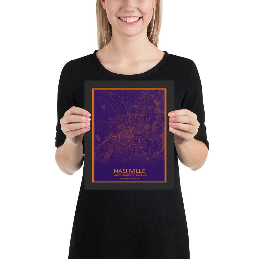 Nashville Purple and Orange Framed Map