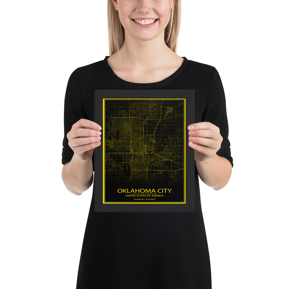 Oklahoma City Black and Yellow Framed Map