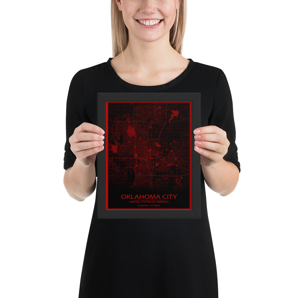 Oklahoma City Black and Red Framed Map