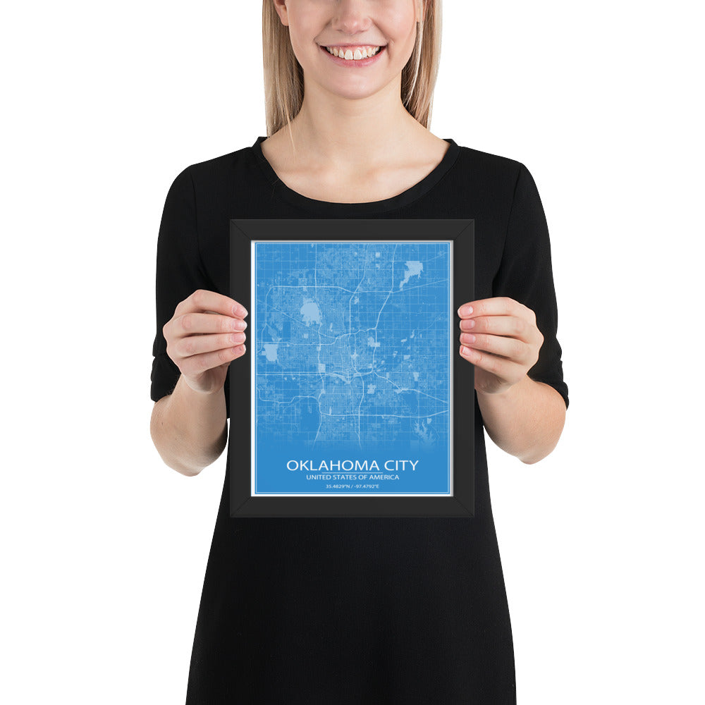 Oklahoma City Blue and White Framed Map