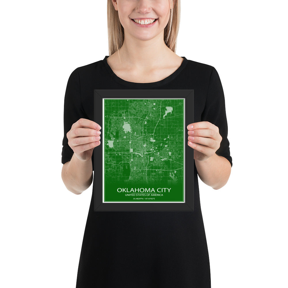 Oklahoma City Green and White Framed Map