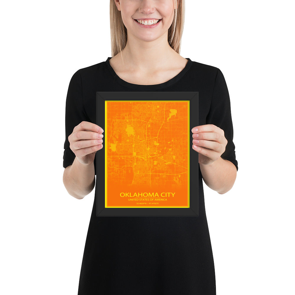 Oklahoma City Orange and Yellow Framed Map