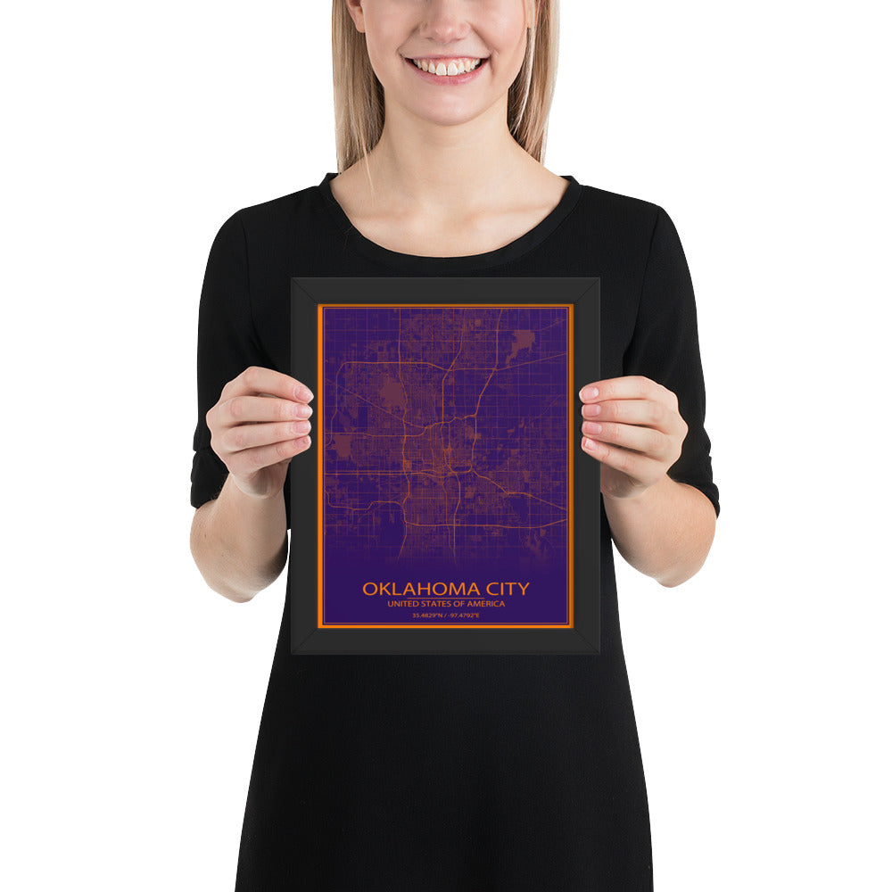 Oklahoma City Purple and Orange Framed Map