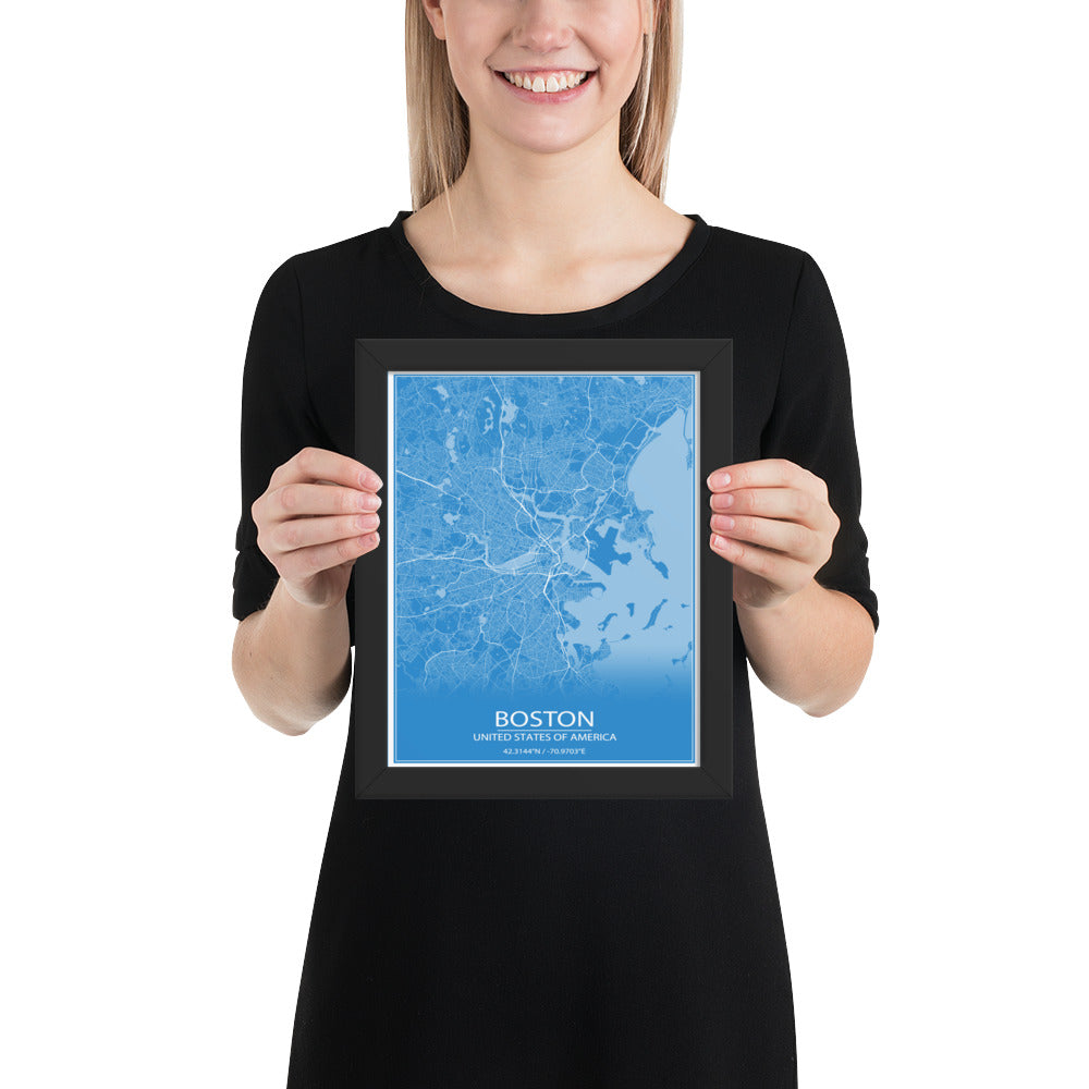 Boston Blue and White Framed Map