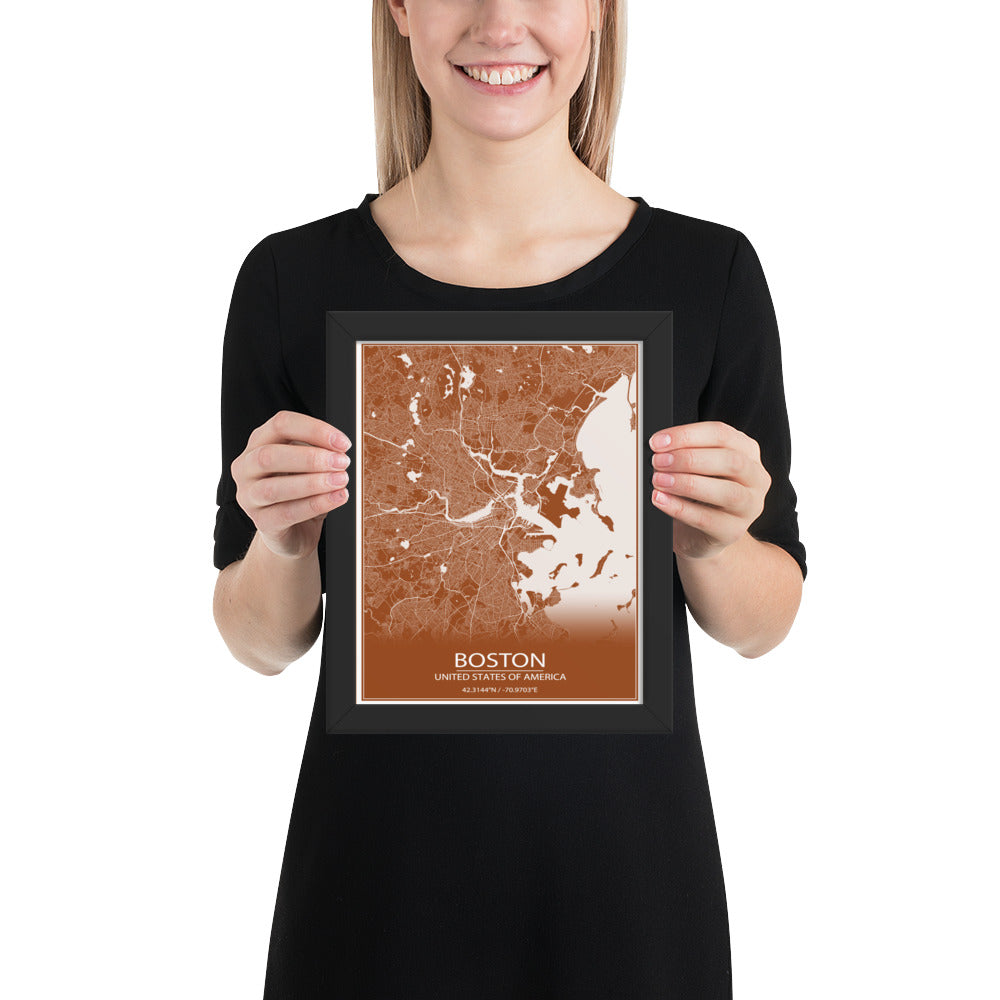 Boston Brown and White Framed Map