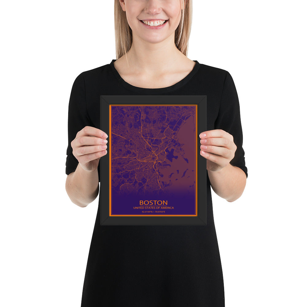 Boston Purple and Orange Framed Map