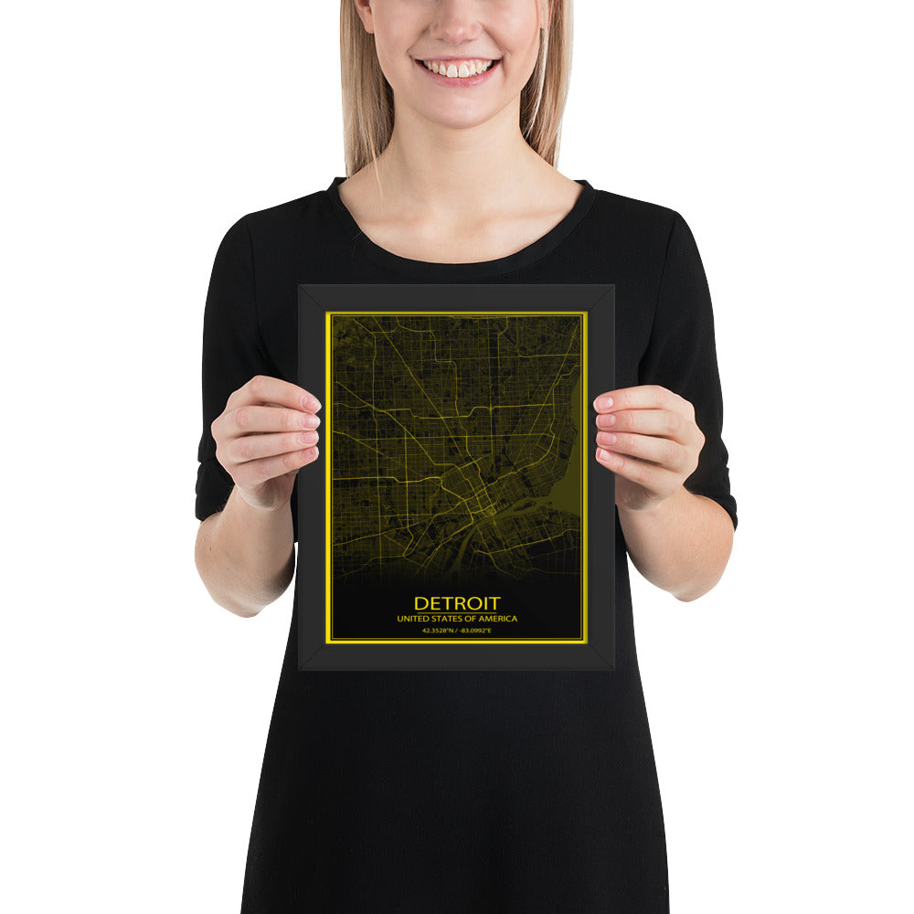 Detroit Black and Yellow Framed Map