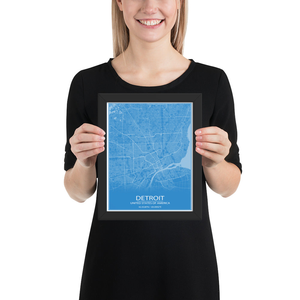 Detroit Blue and White Framed Map