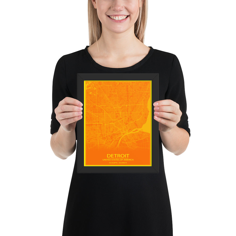 Detroit Orange and Yellow Framed Map