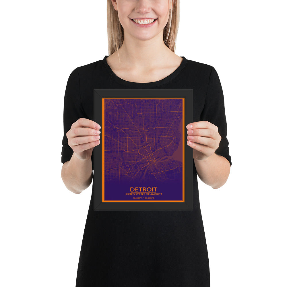 Detroit Purple and Orange Framed Map