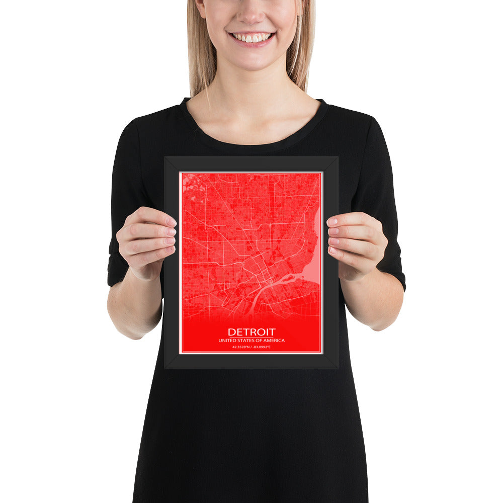 Detroit Red and White Framed Map