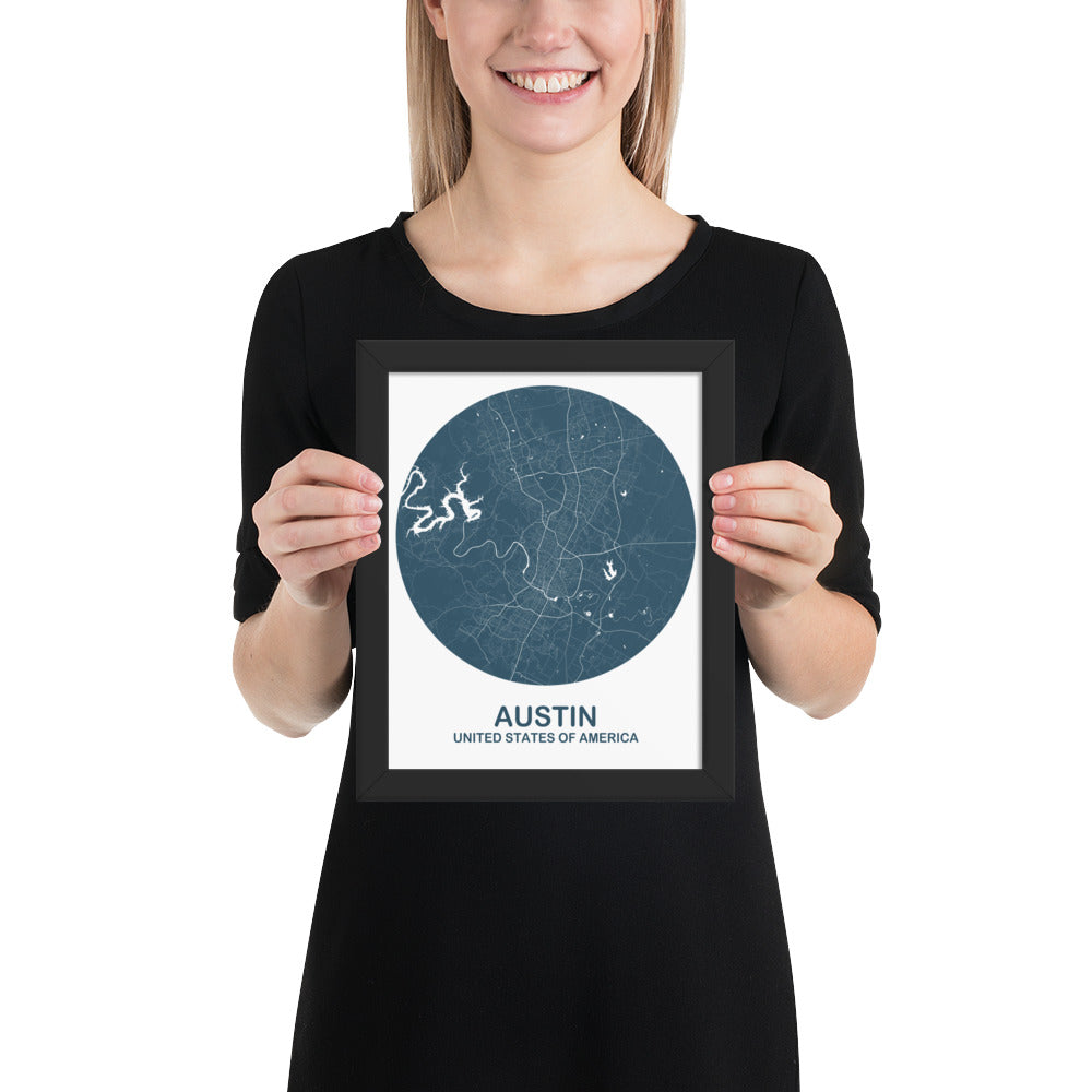 Austin Circular Blue Framed Map