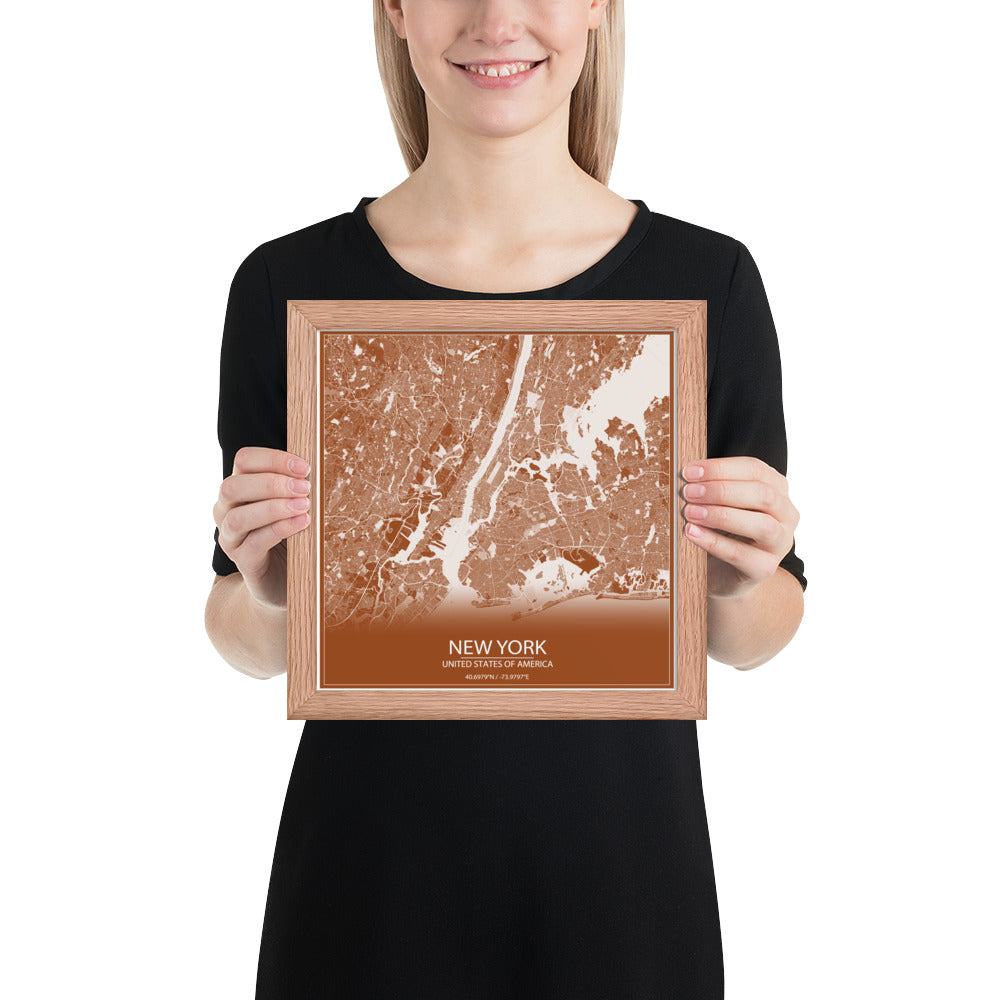 New York Brown and White Framed Map