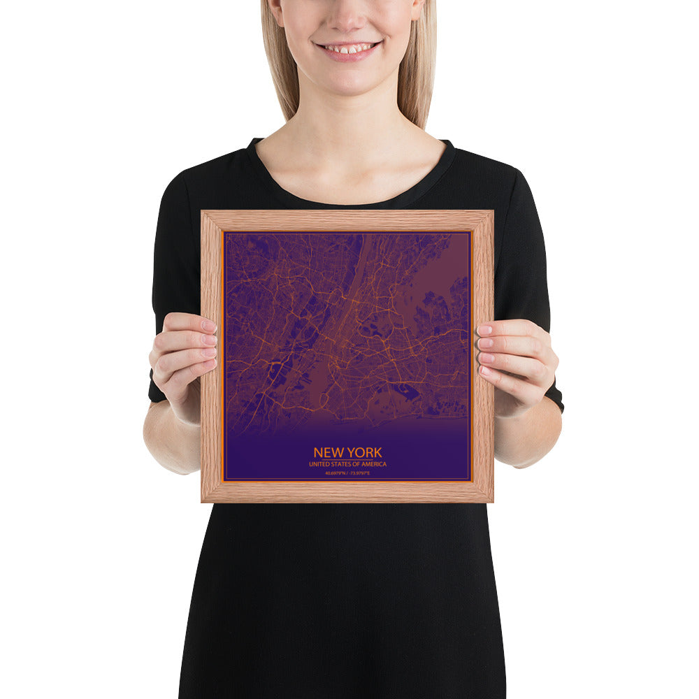 New York Purple and Orange Framed Map