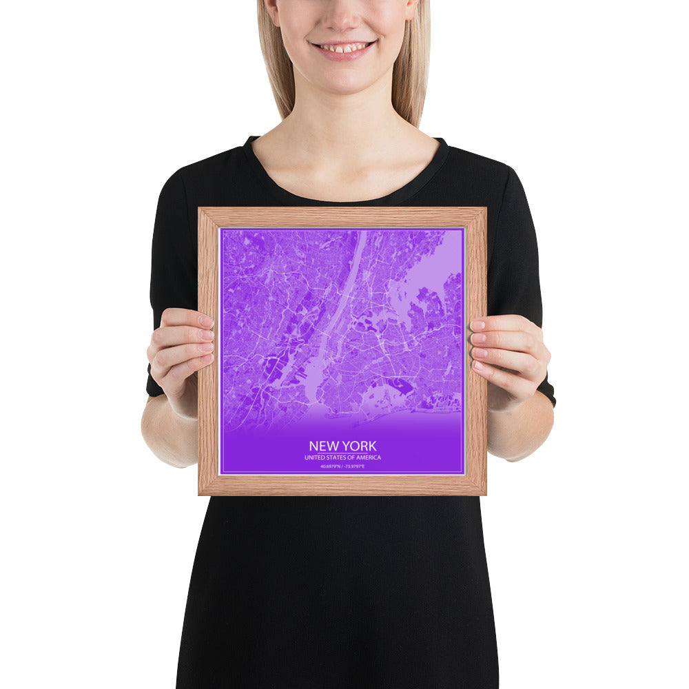 New York Purple and White Framed Map