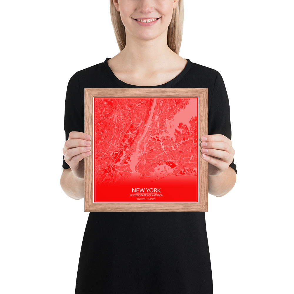 New York Red and White Framed Map