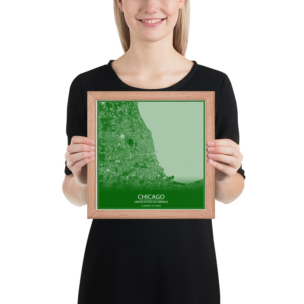 Chicago Green and White Framed Map