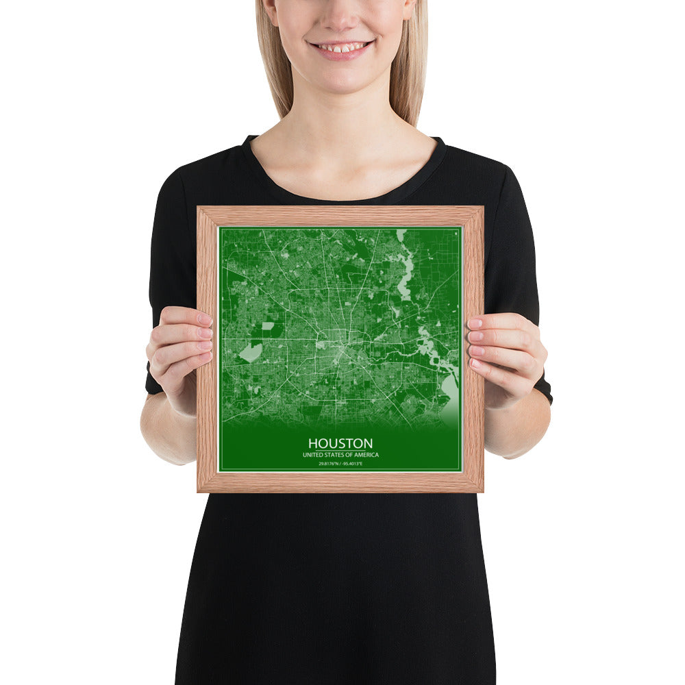 Houston Green and White Framed Map