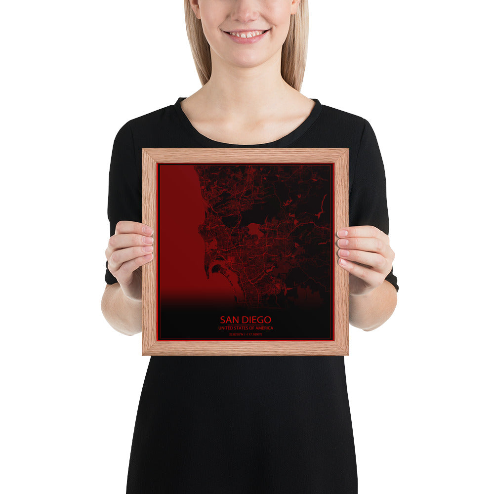 San Diego Black and Red Framed Map