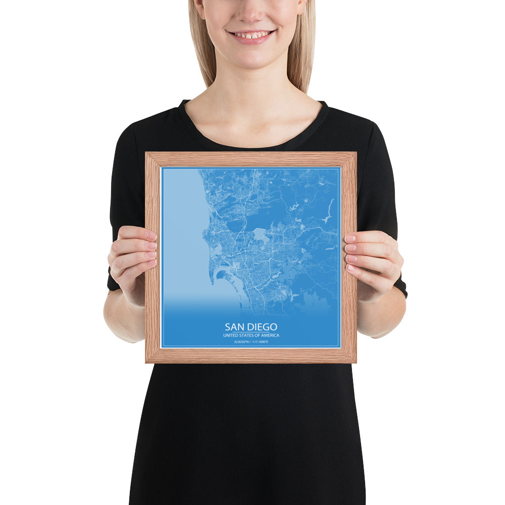 San Diego Blue and White Framed Map