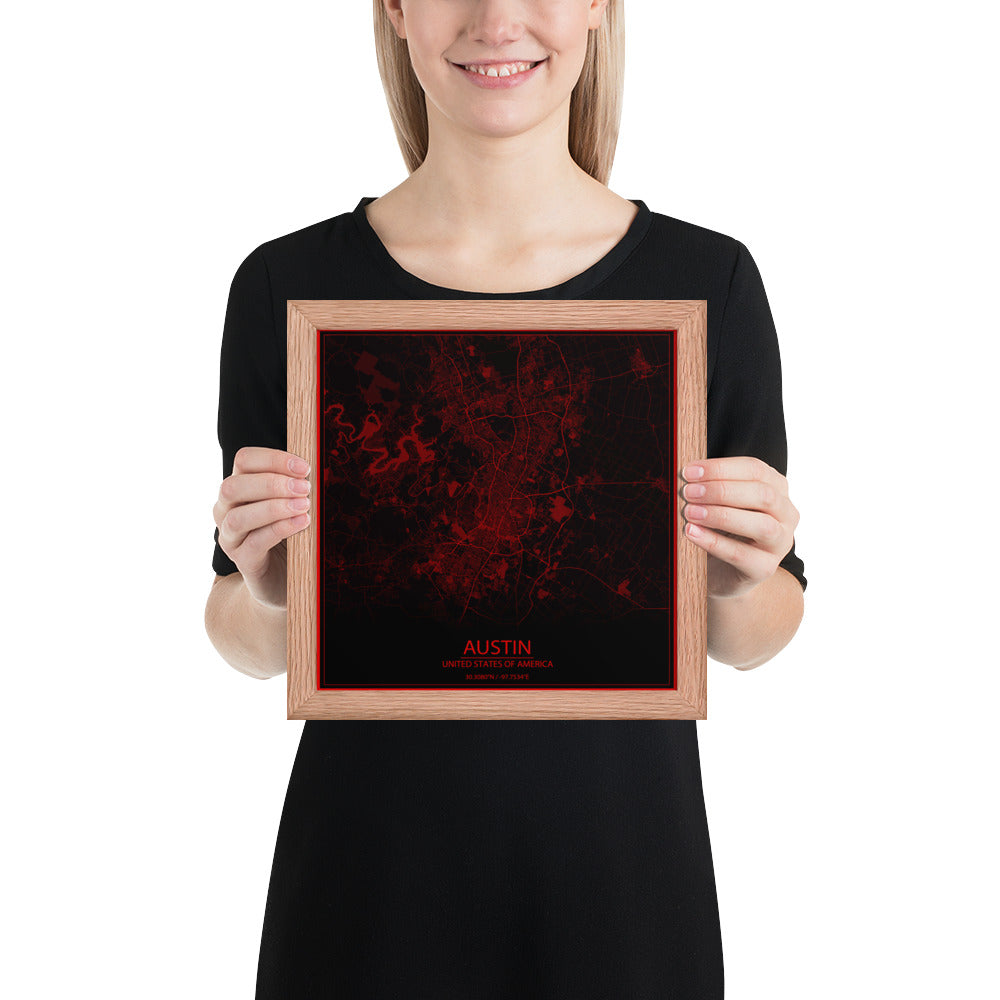 Austin Black and Red Framed Map