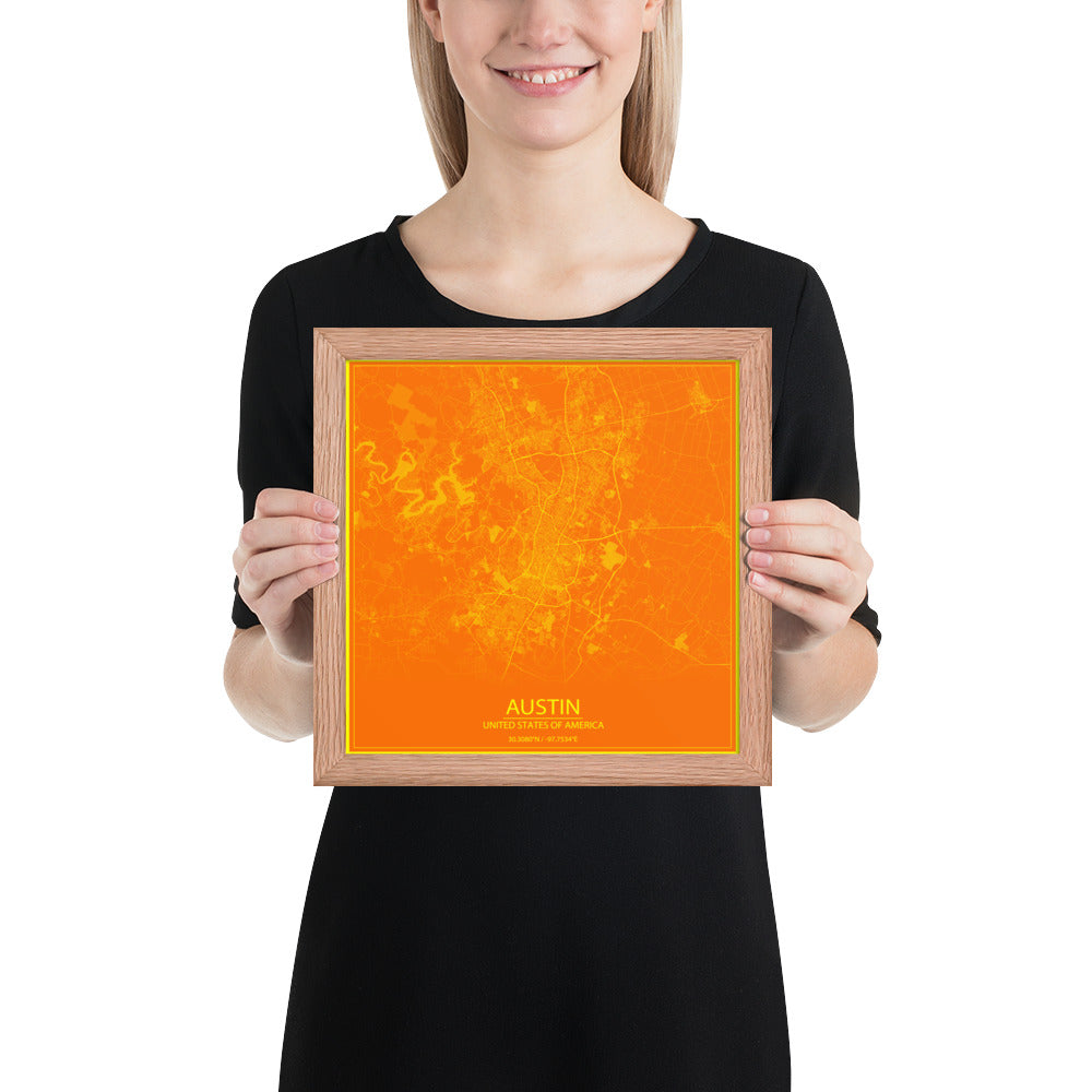 Austin Orange and Yellow Framed Map