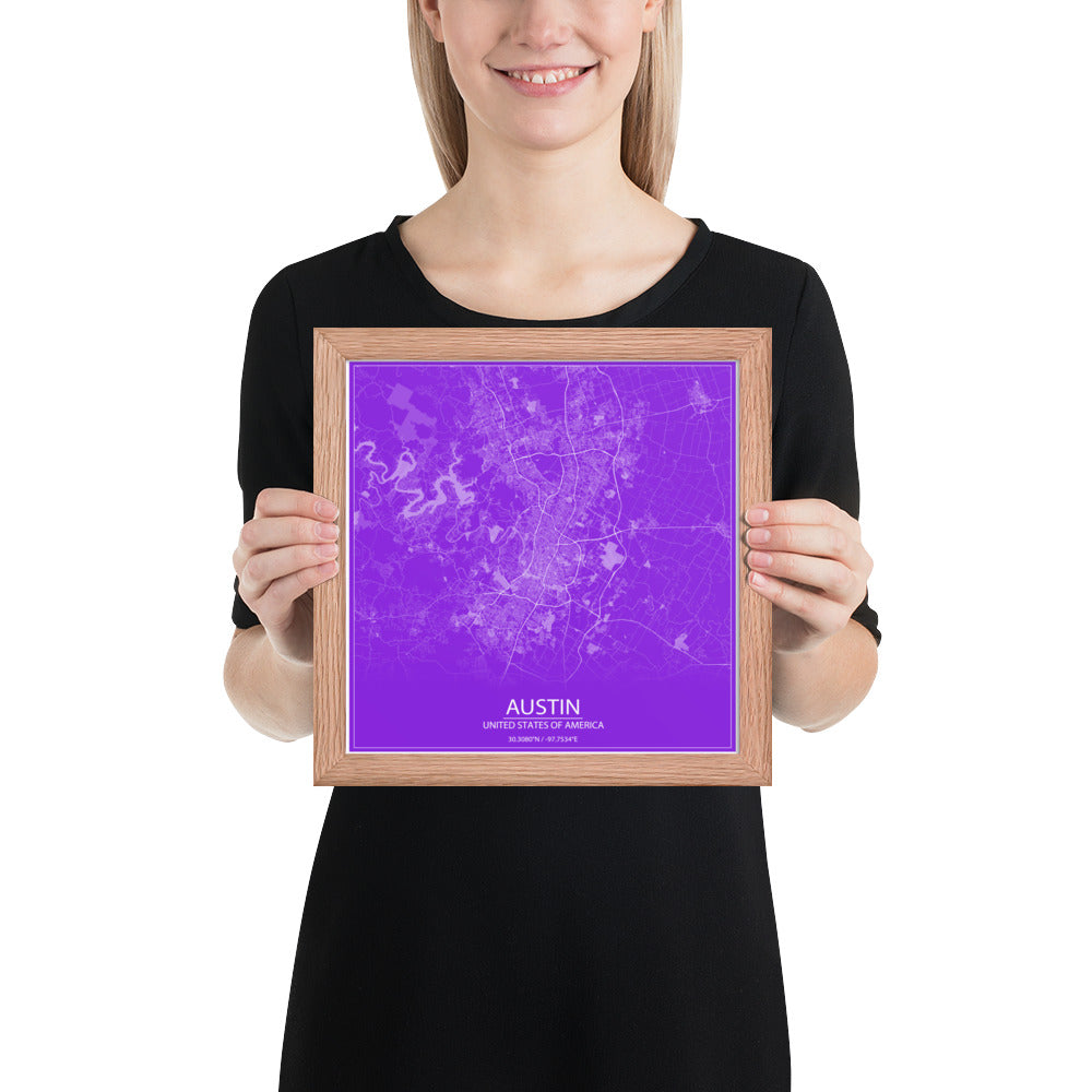 Austin Purple and White Framed Map