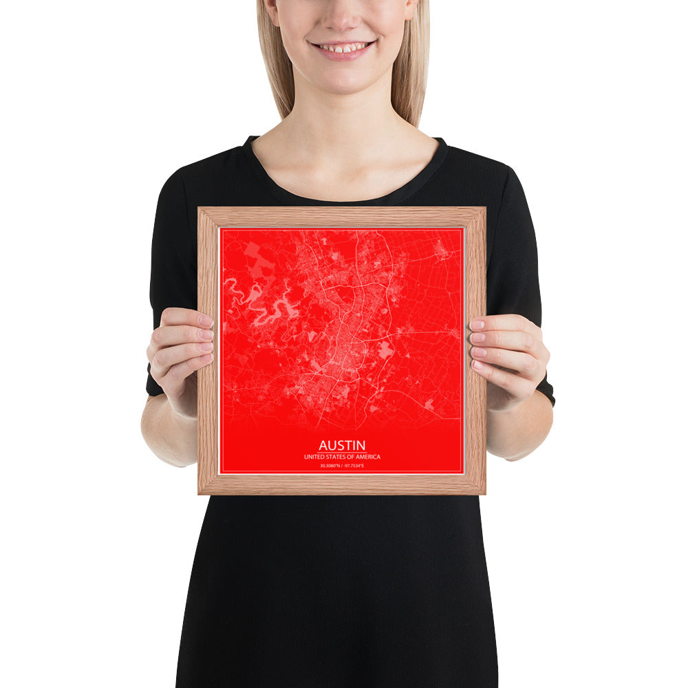 Austin Red and White Framed Map