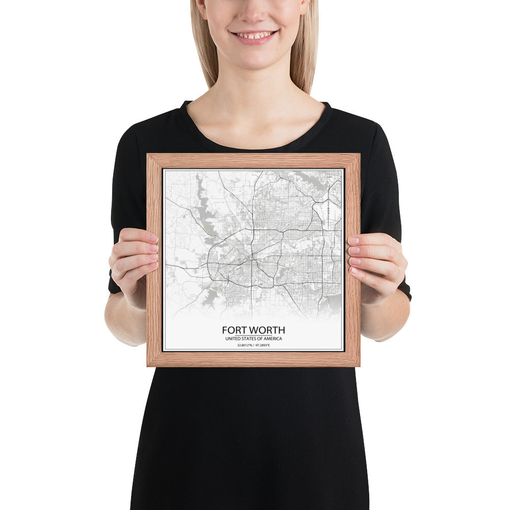 Fort Worth White Framed Map