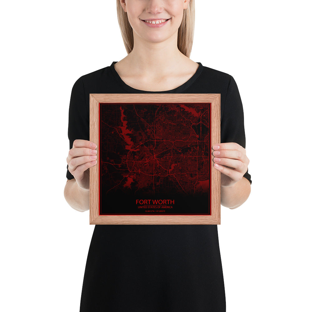 Fort Worth Black and Red Framed Map