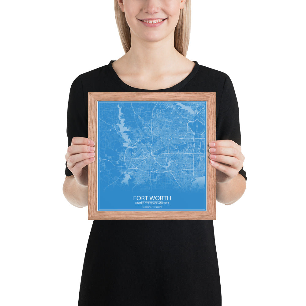 Fort Worth Blue and White Framed Map