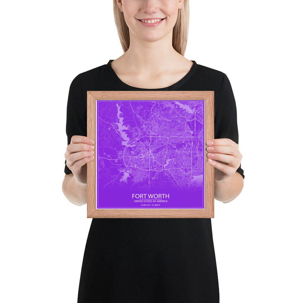 Fort Worth Purple and White Framed Map