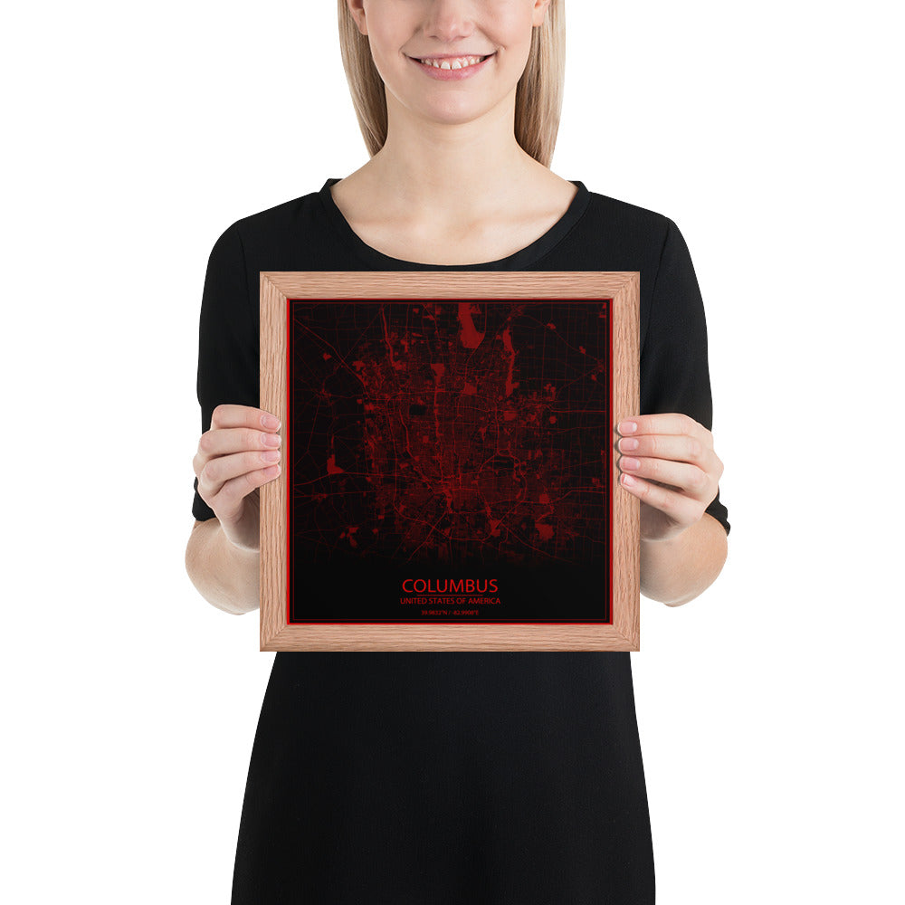 Columbus Black and Red Framed Map