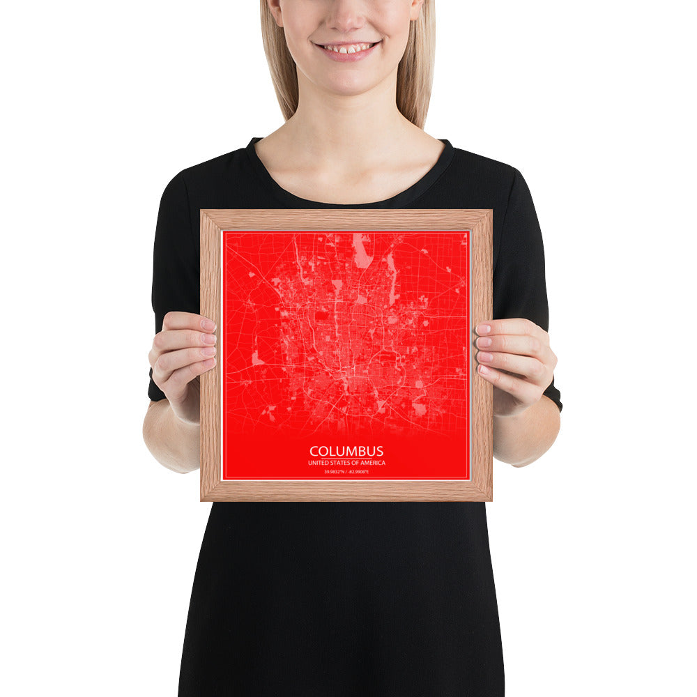 Columbus Red and White Framed Map