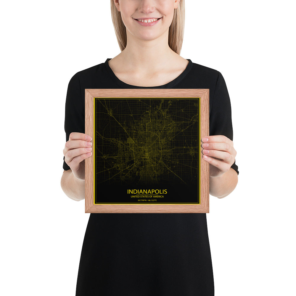 Indianapolis Black and Yellow Framed Map