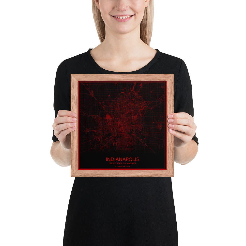 Indianapolis Black and Red Framed Map