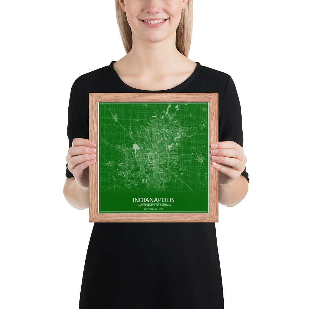 Indianapolis Green and White Framed Map