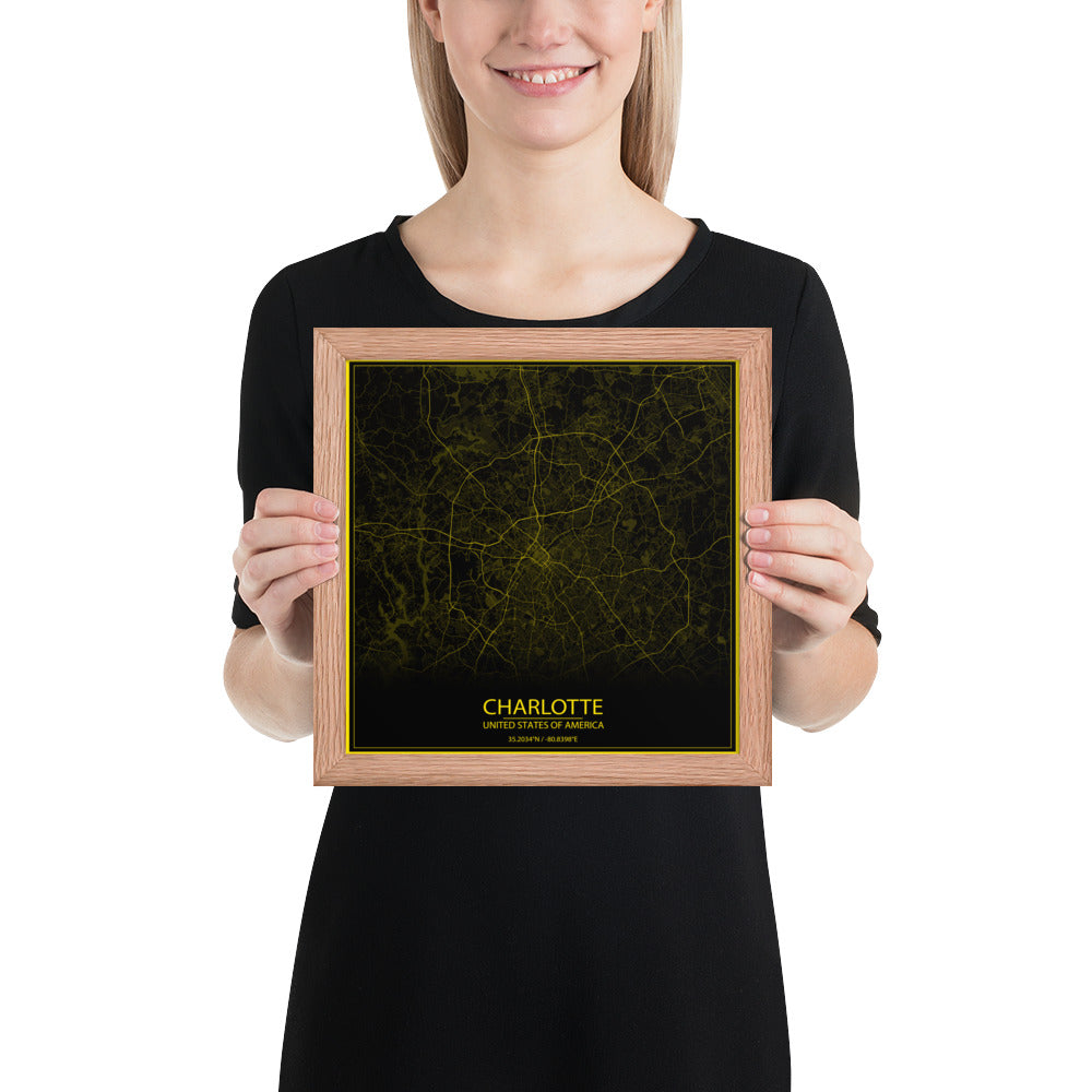 Charlotte Black and Yellow Framed Map