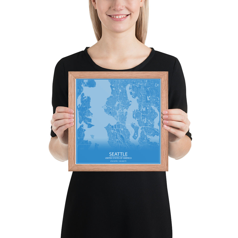 Seattle Blue and White Framed Map