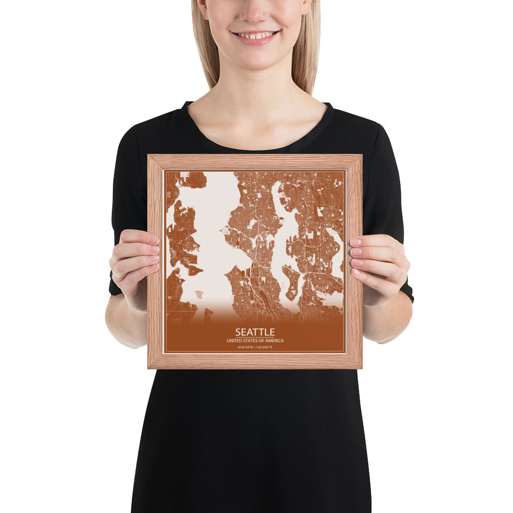 Seattle Brown and White Framed Map