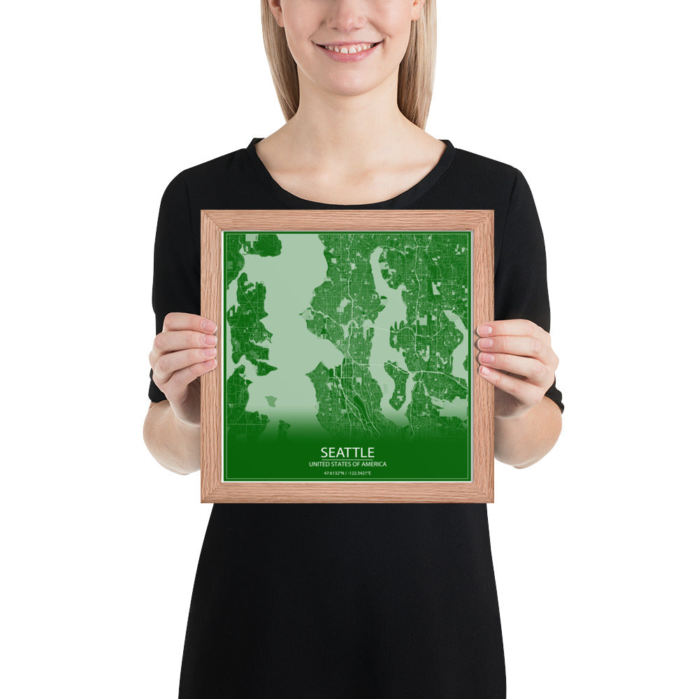 Seattle Green and White Framed Map