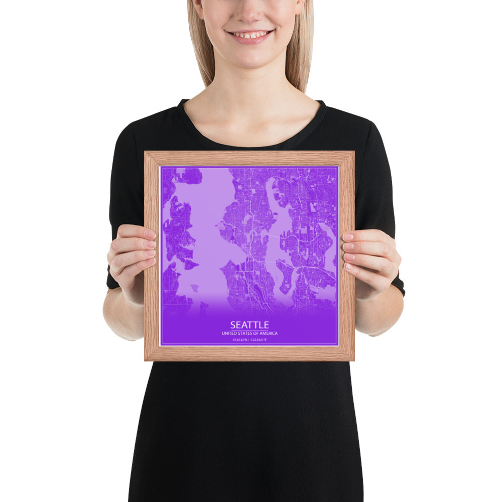 Seattle Purple and White Framed Map