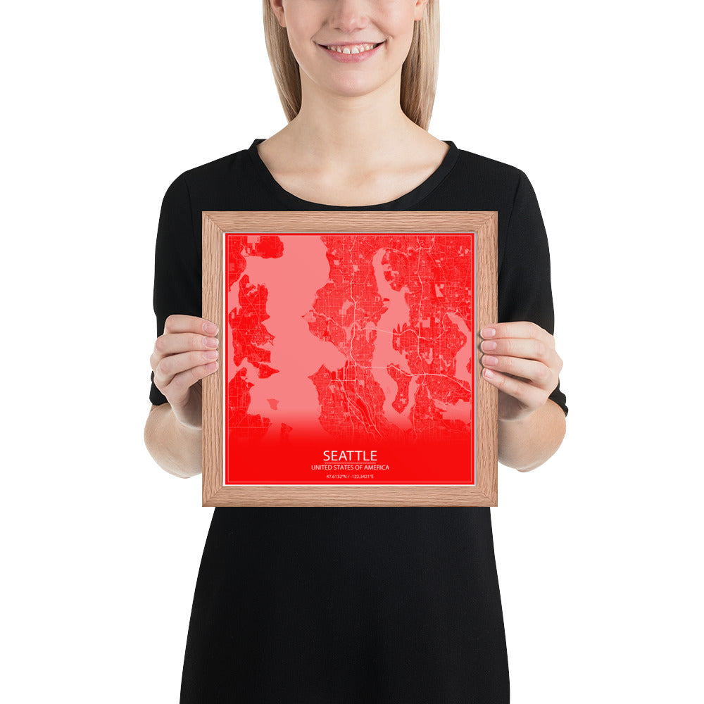 Seattle Red and White Framed Map