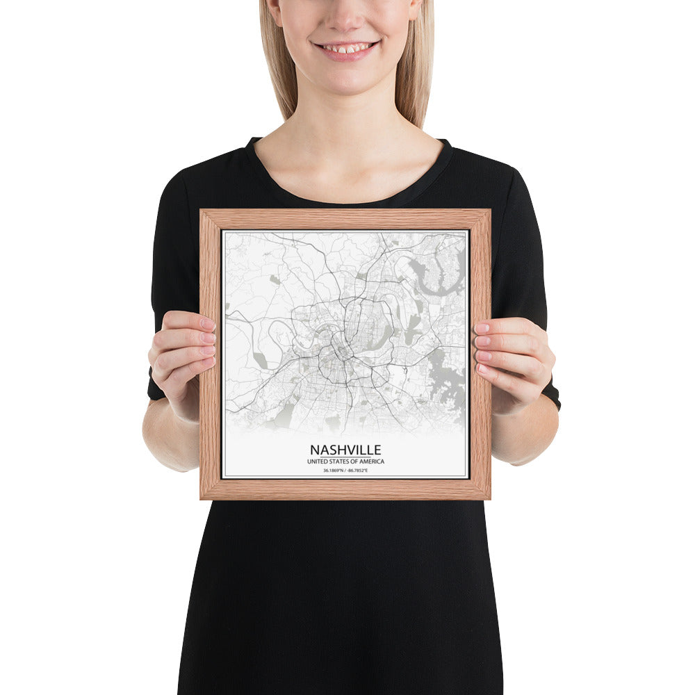 Nashville White Framed Map